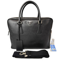 95 new Prada black leather triangle logo briefcase business crossbody mens bag original price 31000