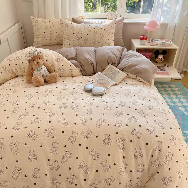 Class a Pure Cotton Four-Piece Bedding Set for Sleeping Naked, Fully Washed Cotton Fitted Sheet Style, Ins-Style Fresh Bed Sheet and Duvet Cover, Dormitory Three-Piece Set