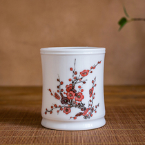 Rare woolen porcelain wax plum pen holder 1970s official kiln porcelain Hongjiang ball mud hand-painted antique study collection ornaments