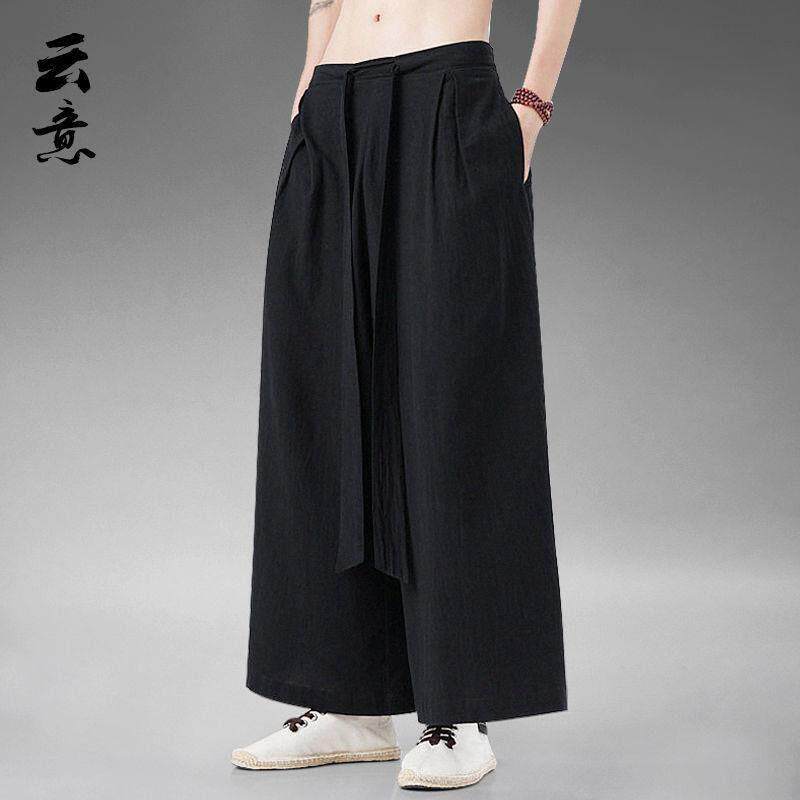 漢服風の中国風宋代スタイルの氷絹パンツ、唐服風メンズ氷絹カジュアルパンツ、古風な禅瞑想ワイドレッグ