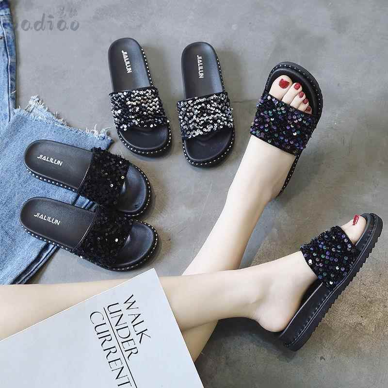 Women's Shoes Summer Fashion New Korean Version Versatile Sequined Sandals Outdoor and Indoor Fashion Flat-Soled Women's Sandals and Slippers for Outer Wear