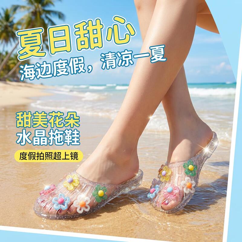 Crystal Sandals 2026 New Summer Style Transparent Flat Half-Slipper Women's Soft-Soled Closed-Toe Jelly Slippers