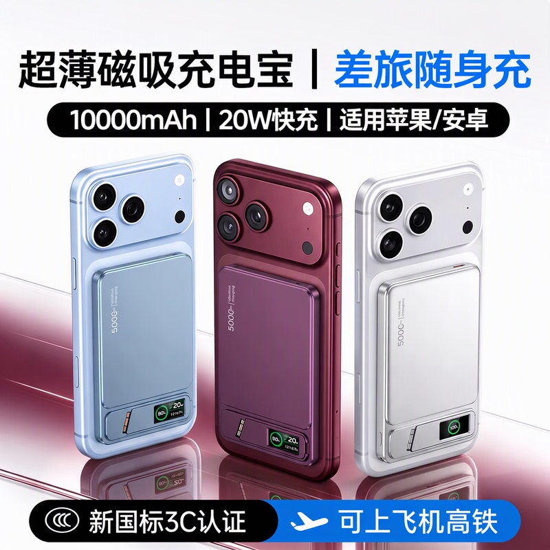 [New National Standard 3C Certification] Magnetic Power Bank 10000Mah 20W Fast Charging, Airplane-Friendly, Compatible with Apple 18/17, Magsafe Wireless, Ultra-Thin, Digital Display, Stand, Lanyard official store