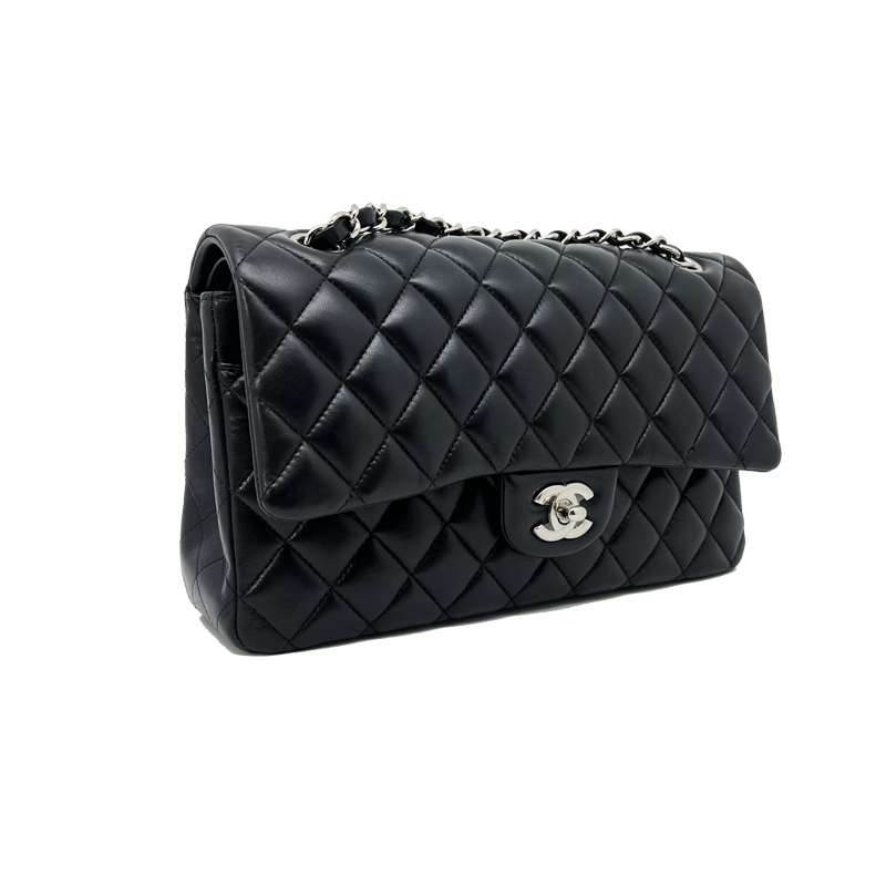 Brand New Chanel Cf Medium-Sized Black Lambskin Silver Buckle Double-Flap Single-Shoulder Crossbody Women's Chain Bag