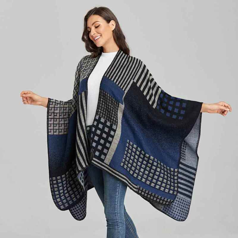 Cross-Border Women's Double-Sided Shawl, European and American Fashion Jacquard Split Thickened Warm Cape Shawl, New Foreign Trade Cape