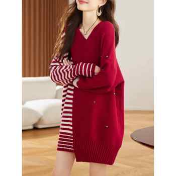 2025 new year's popular red animal year loose v-neck lazy style sweater mid-length asymmetrical stripes