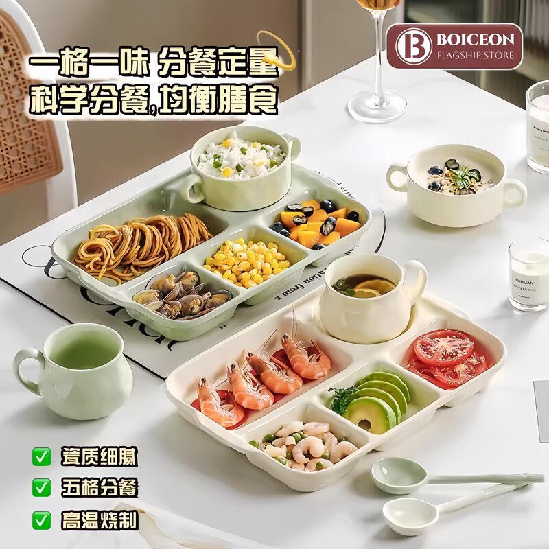 Compartmented Ceramic Plate, Multi-Compartment Steaming Plate, High-End Household Plate, Breakfast Plate, Children's Tableware, Adult Divided Plate