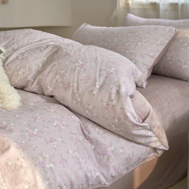 Autumn and winter purple floral double-layer yarn milk velvet four-piece set plus velvet bed sheet coral velvet quilt cover ab-face bedding