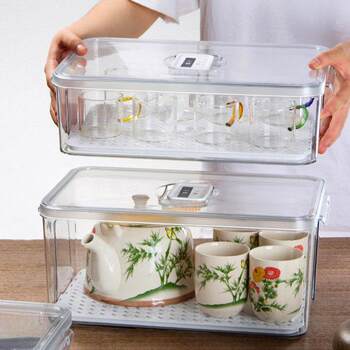 Drainage storage box, tea set, transparent wine cup, dust-proof with lid, kung fu tea cup, cup storage artifact storage