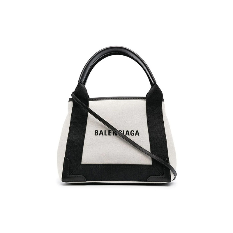 9.9 New Balenciaga/Navy Canvas Leather Black Beige Women's Small Tote Bag