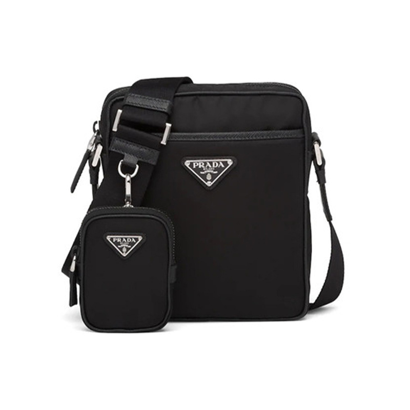 Prada Metal Triangle Logo Men's Shoulder Crossbody Bag Messenger Bag with Small Pouch Black