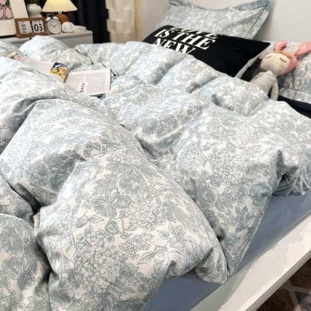 American green plant pastoral Class A nude sleeping 100 long velvet cotton four-piece set full quilt cover bed linen bedding