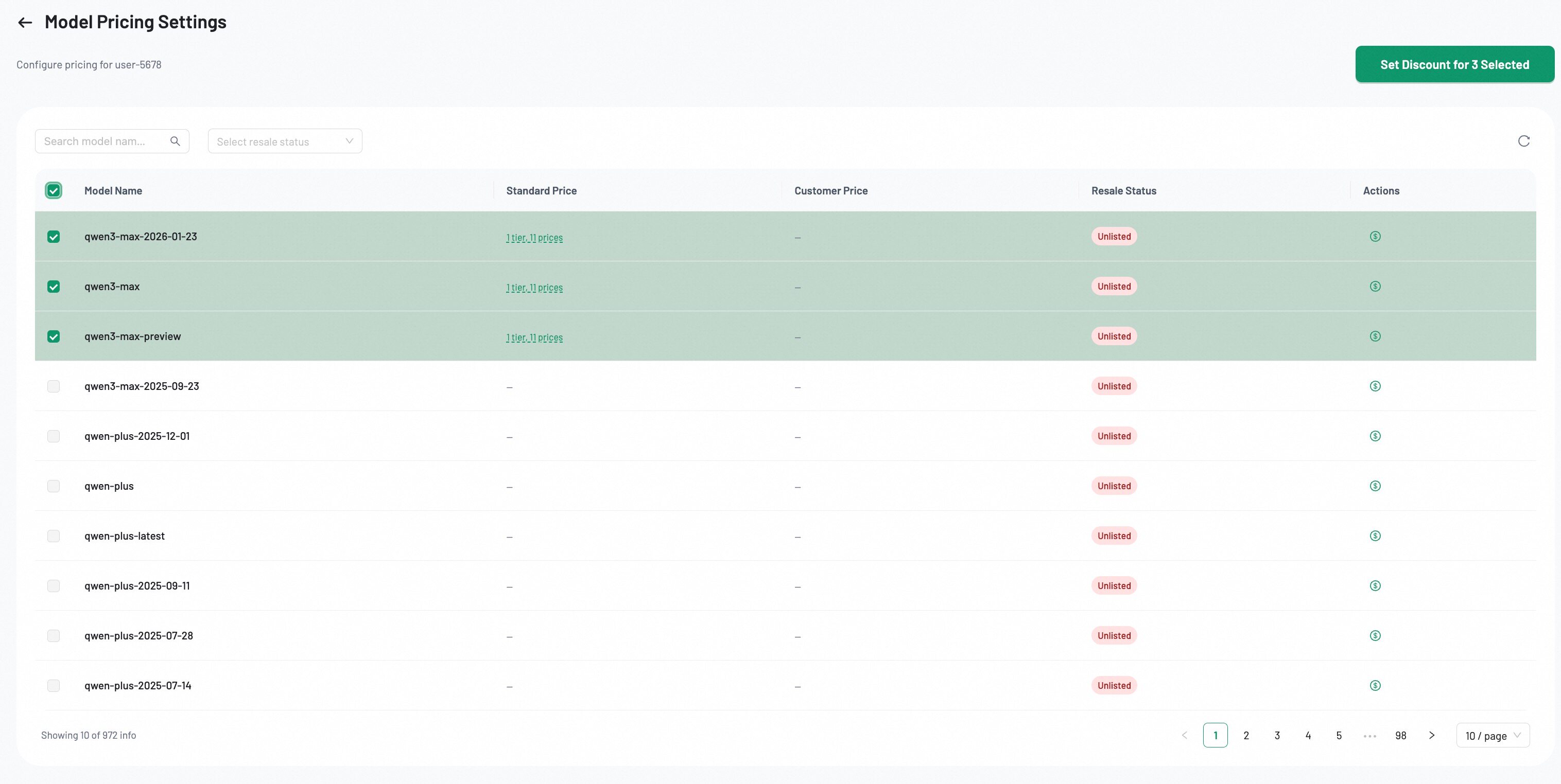 Customer discount price — model pricing settings page with standard price, customer price, and resale status columns
