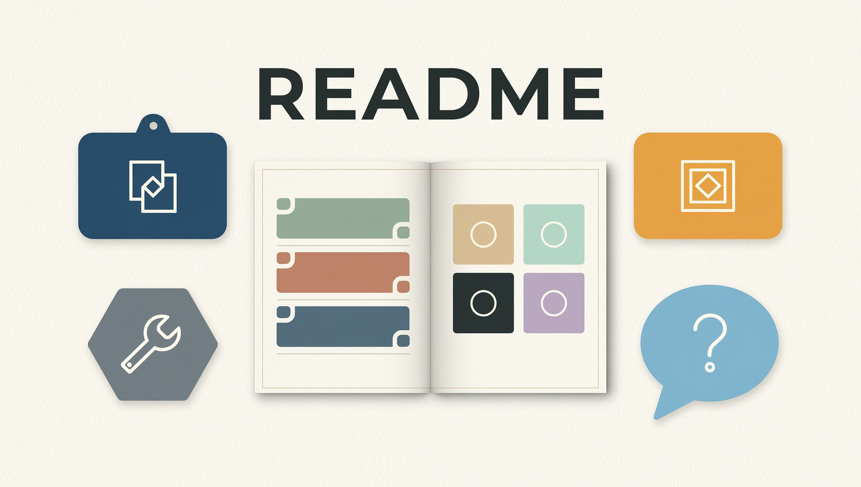 README说明书围绕功能、许可、维护和支持组织信息的概念插图