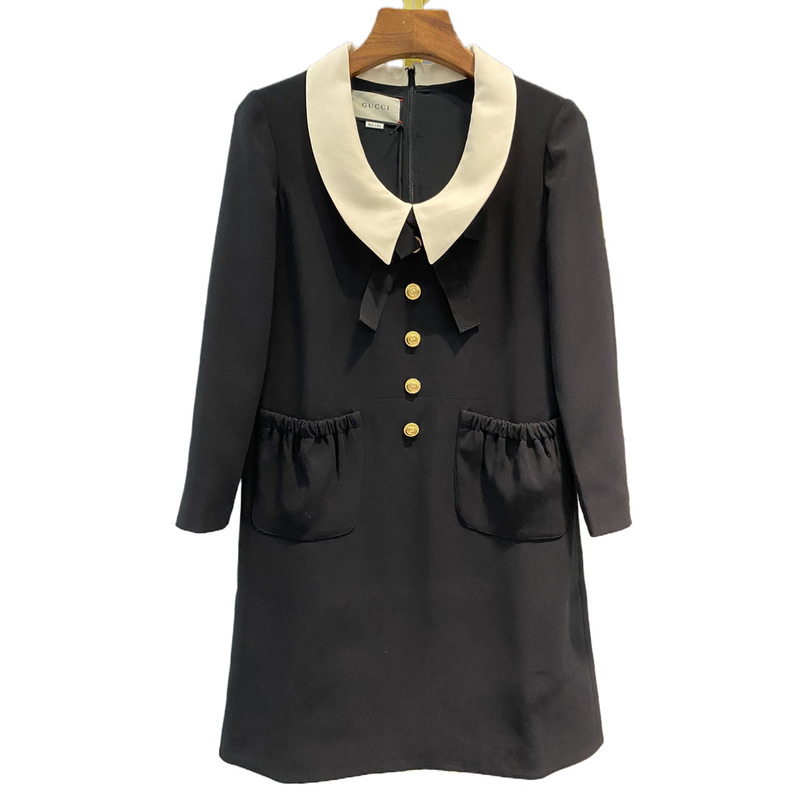 99% New and Unused Gucci Classic Black Lapel Bow Long-Sleeve Dress, Genuine Luxury Item