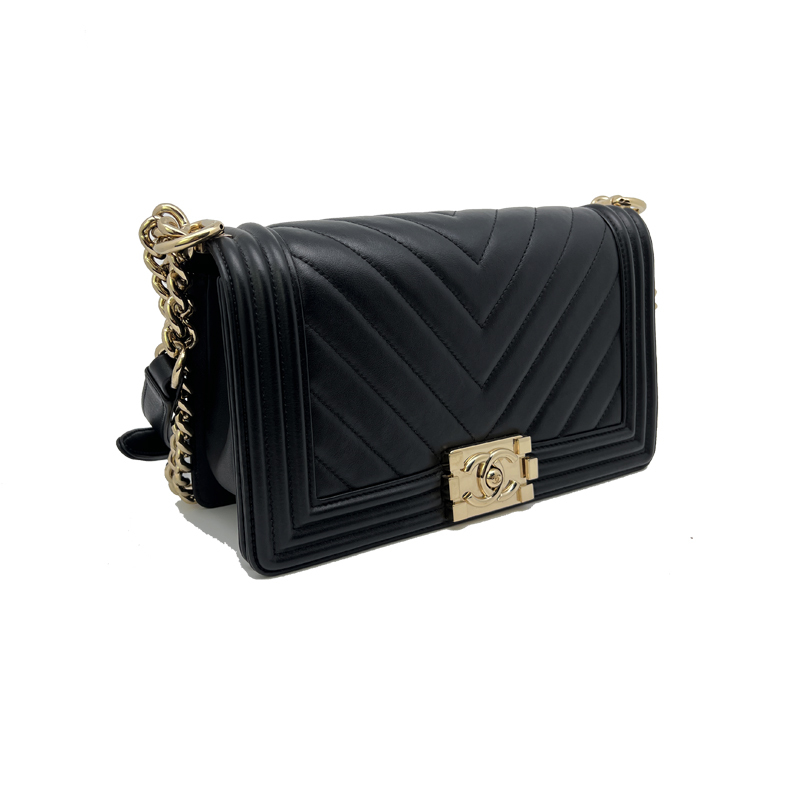 Brand New Chanel Leboy Medium-Sized V-Pattern Black Leather Gold Buckle Women's Shoulder Crossbody Chain Bag