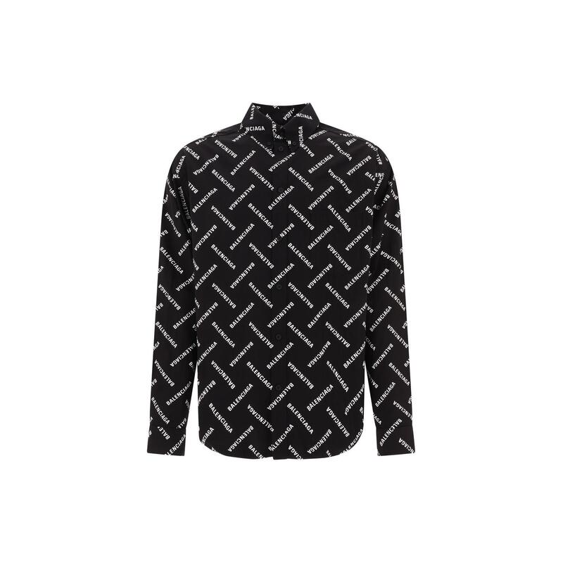 Balenciaga Paris Saint-Germain All-Over Print Lapel Fitted Button-Down Long-Sleeve Shirt for Men, Black