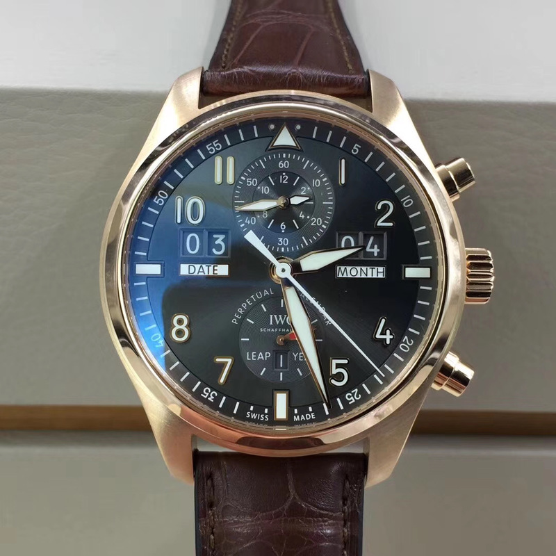 】98% New 46mm Iwc Pilot Series Rose Gold Iw379103 Perpetual Calendar Chronograph Automatic Mechanical Men's Watch