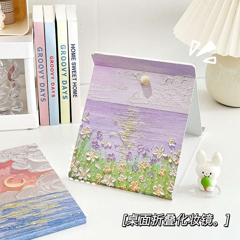 Oil Painting Makeup Mirror Desktop Ins-Style Student Dormitory Large Folding Mirror Office Portable Vanity Mirror