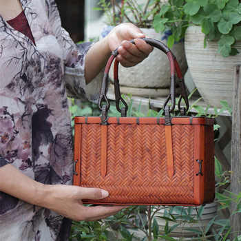 New style hand-held bamboo weaving bag women's handbag retro ethnic style summer beach bag bamboo weaving basket tea set storage basket