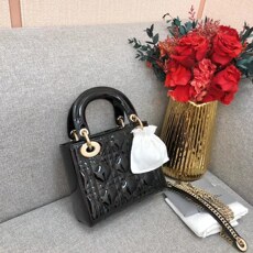 Сумка 99新dior/迪奥三格黑色漆皮金扣戴妃包链条女士单肩斜挎包