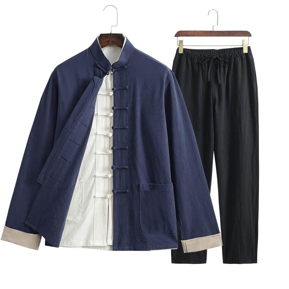 Authentic suit with buckle retro youth Chinese middle-aged and elderly coats cotton and linen Tang style spring and autumn Chinese style men's clothing three