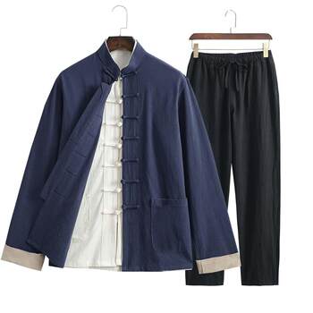 Authentic suit with buckle retro youth chinese middle-aged and elderly coats cotton and linen tang style spring and autumn chinese style men's clothing three