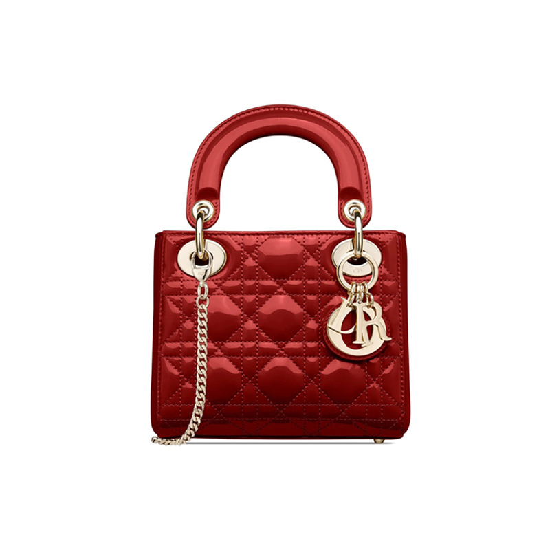 9.9 New Dior/Dior Lady Dior Patent Leather Cowhide Plaid Cherry Red Women's Mini Lady Dior Handbag 9.9 New Dior/Dior Lady Dior Patent Leather Cowhide Plaid Cherry Red Women's Mini Lady Dior Handbag