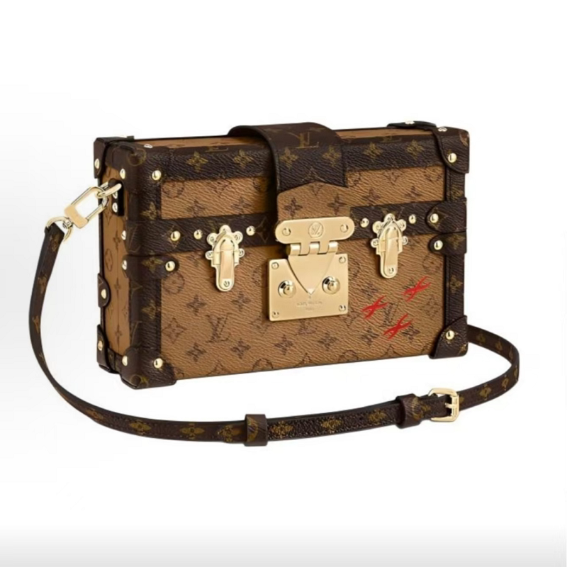 99% New Lv/Louis Vuitton Petite Malle Classic Monogram Full-Print Gold Buckle Hard Square Box Crossbody Bag