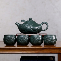 The powerful Gu Shundi purple clay pot Yixing original mine emerald green fish dragon set capacity 480cc