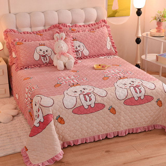Thickened cartoon milk velvet bed cover single piece children boys and girls ruffle lace cotton bed sheet plus velvet to keep warm in winter