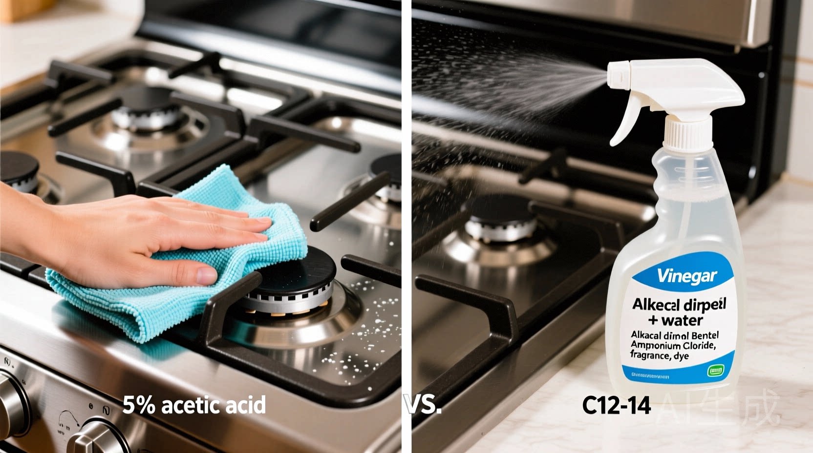 Side-by-side comparison of a vinegar-dampened microfiber cloth wiping a stainless steel stovetop next to a branded spray bottle mid-spray—both achieving identical shine, with clear labeling showing ingredients: '5% acetic acid + water' vs 'C12-14 Alkyl Dimethyl Benzyl Ammonium Chloride, fragrance, dye'