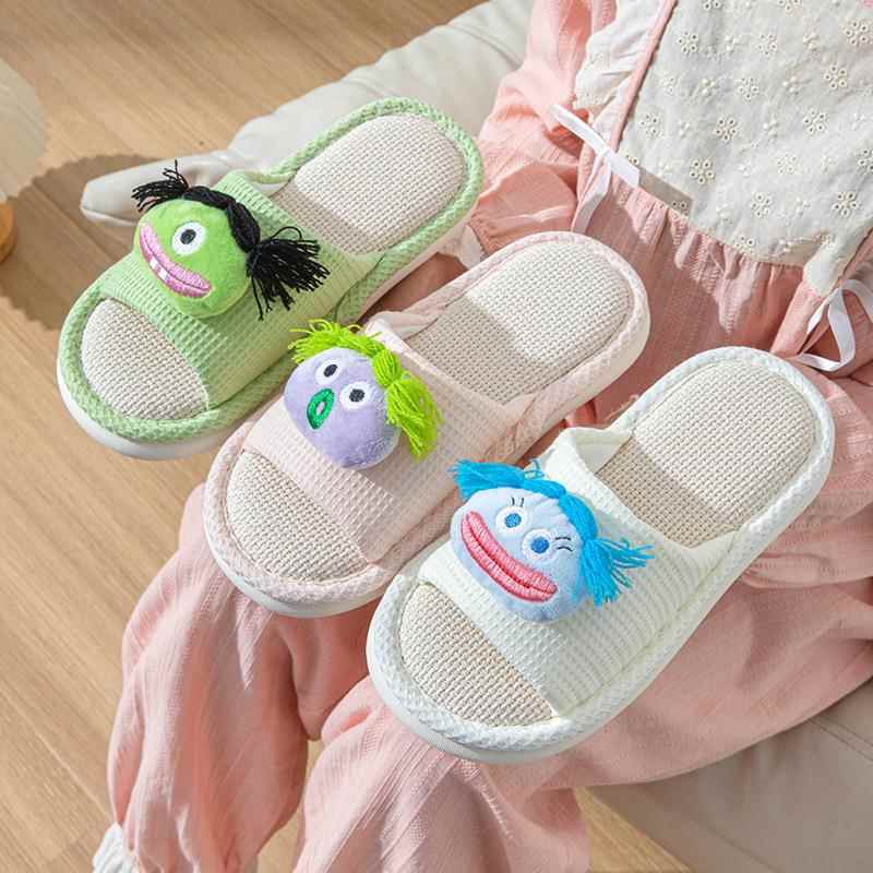 Cross-Border Amazon Cartoon Funny Linen Slippers for Women Indoor Slippers Thick-Soled Home Cotton and Linen Slippers for Women