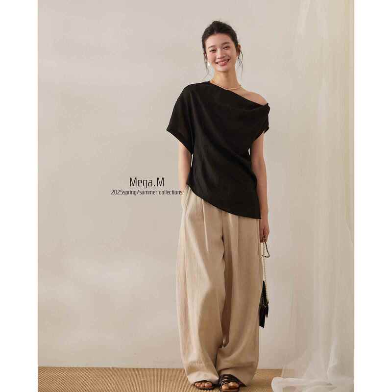 Magmeng Clothing Co., Ltd. Thirteen Rows Minimalist Style Fashion Women's Old Money Style Lazy Feel Long Sleeve Asymmetrical Shoulder Top