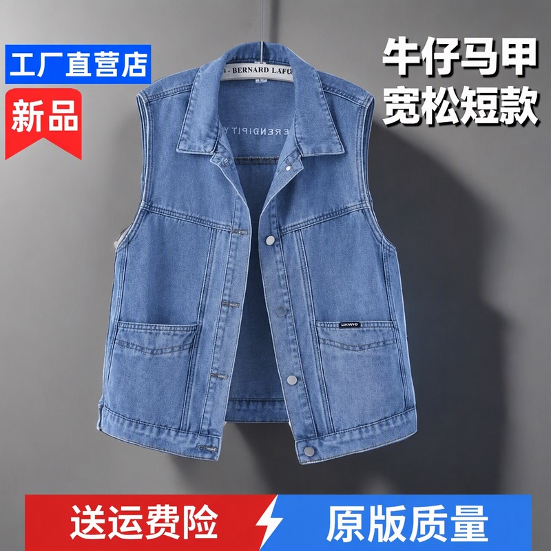Spring and Autumn Denim Vest for Women, Korean Style, Casual, Loose Fit, Turn-Down Collar, Single-Breasted, Large Pockets, Short Style, Versatile, Free Shipping Insurance Included