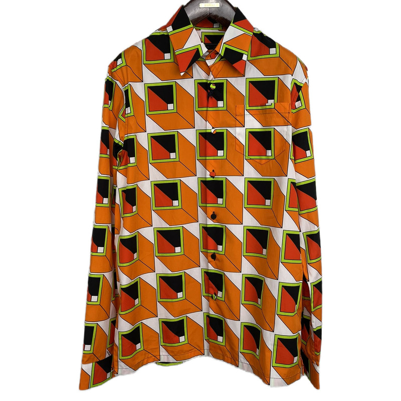 99% New and Unused Prada Orange-Red Pure Cotton Long-Sleeve Shirt for Men, Original Price 8750, Suitable for All Seasons