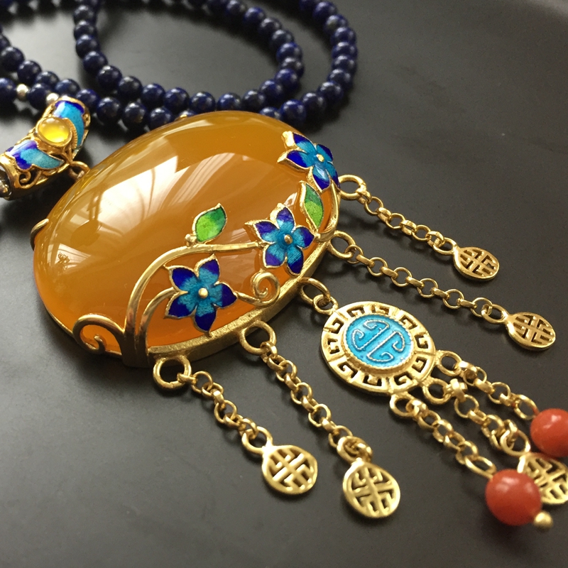 Sterling silver gold plated handmade filigree enamel inlaid chalcedony bead chain Traditional intangible craft pendant DD17