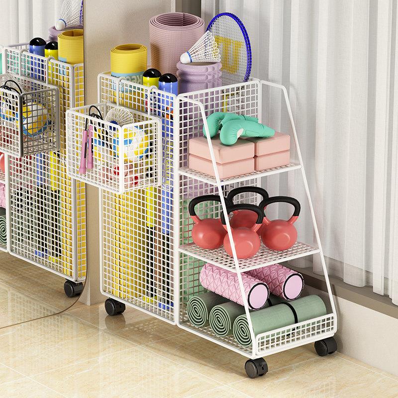 Yoga mat storage basket, sports and fitness equipment storage rack, iron trolley storage rack, badminton wheeled home