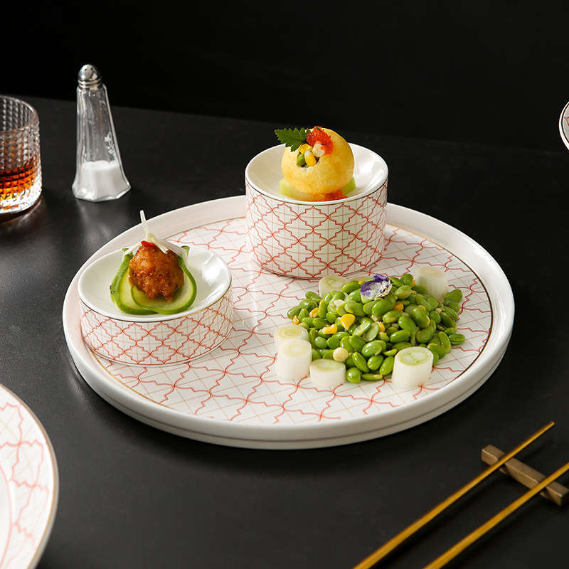 ｜Red Leaf Gold Thread｜"Fuchi Round Plate" Hotel Tableware Display Plate Ceramic Specialty Artistic Snack Dish