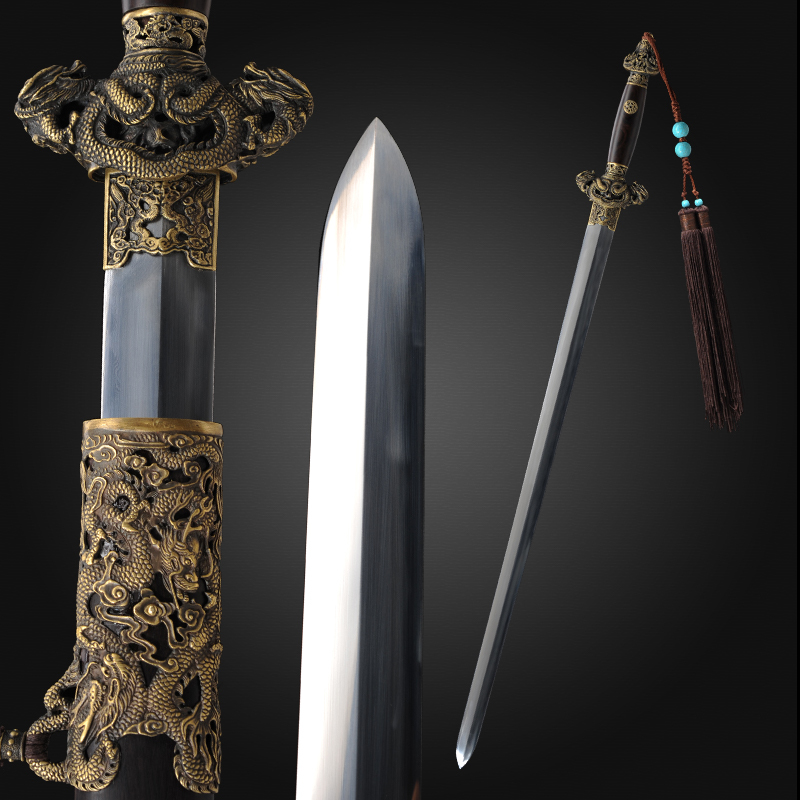 Blade Sharpened with Soil, Qinglong Sword, Made by Zhao Peiyan, Long Qing Sword with Patterned Steel, Real Cold Weapon for Collection, Unsharpened Blade Sharpened with Soil, Qinglong Sword, Made by Zhao Peiyan, Long Qing Sword with Patterned Steel, Real Cold Weapon for Collection, Unsharpened