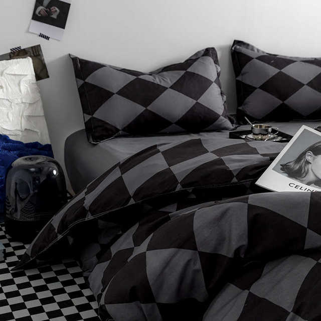 Nordic simple washing cotton bed four-piece set ins style gray diamond 1.5 meters quilt cover bed sheet three-piece set