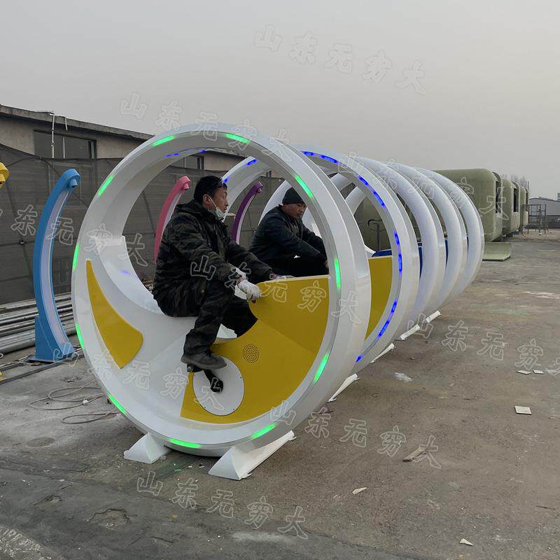 Outdoor stainless steel dynamic cycling fountain, colorful luminous bicycle park night lighting device