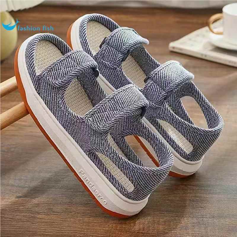 Middle-Aged and Elderly Adjustable Linen Slippers, Non-Slip, Breathable, Home Shoes, Thick-Soled, Sweat-Absorbent, Spring and Autumn Walking Shoes for Men and Women