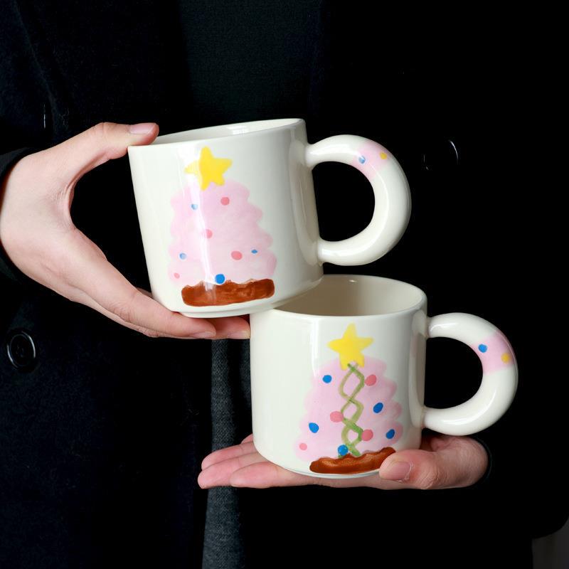 Beautiful Breakfast Cup, Hand-Painted Cute Pink Christmas Tree Ceramic Mug, Exquisite and Attractive Breakfast Plate for Home Dining