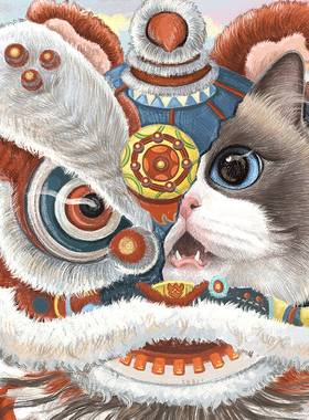清猫绘-舞狮喵星人可爱治愈猫画客厅书房装饰挂画带装裱