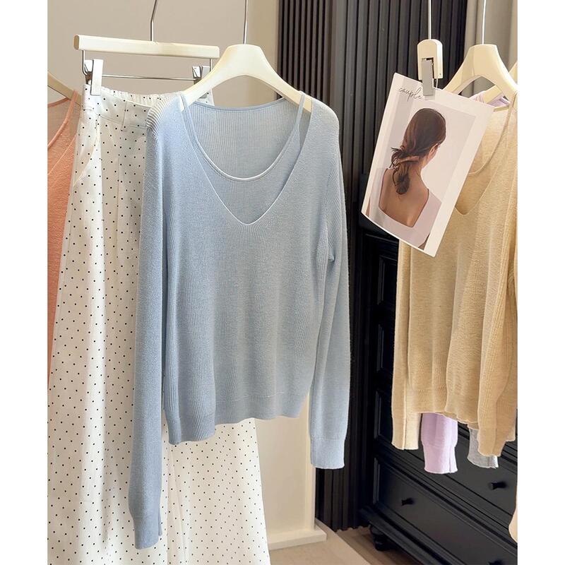 Spring Season's Super Stylish Korean-Style Faux Two-Piece Knit Sweater for Women, 2026 New Model, Long-Sleeve, Thin, Soft Sweater, Base Layer