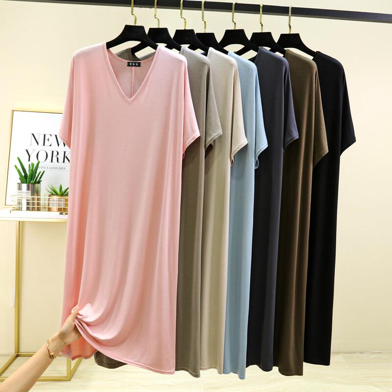 Modal Thin Dress Women's Summer Loose Slimming V-Neck Short-Sleeved T-Shirt Dress Pure Color Large Size Long Dress