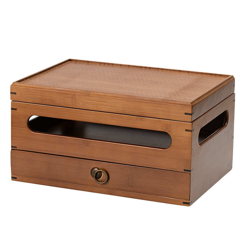 Tea set storage box bamboo double-layer box desktop storage rack with cover dust-proof storage rack Chinese style antique storage cabinet