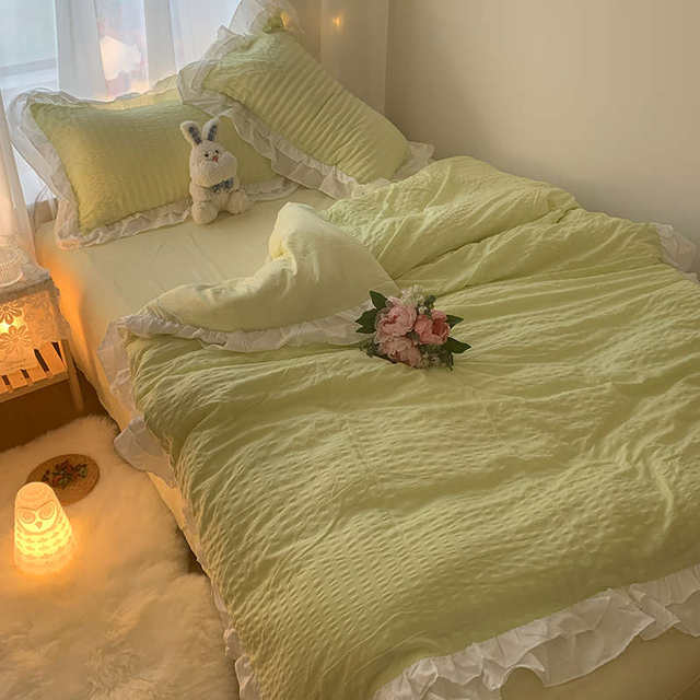 Ins girl heart bed skirt lace bedding bedding four-piece set milk green pure bed sheet student dormitory quilt cover three-piece set 4