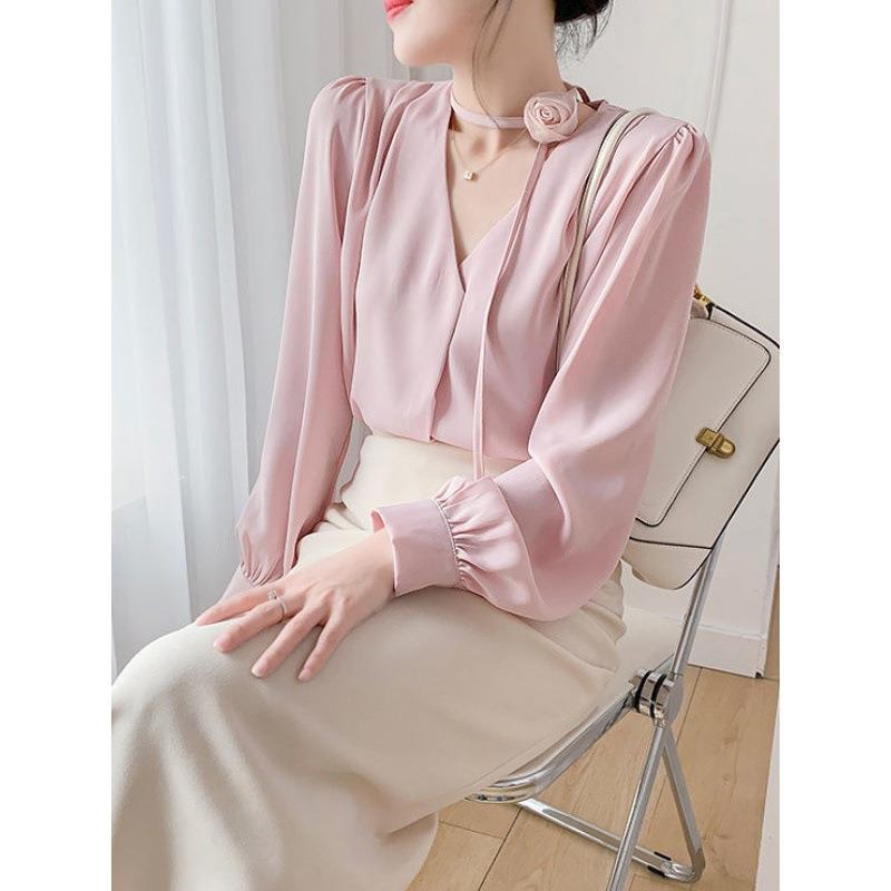 French-Style Gentle Rose Halter-Neck Pink Shirt for Women, Spring and Autumn, High-End Niche Chic Chiffon Top